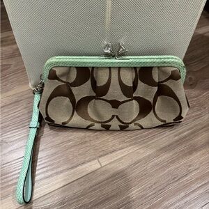Coach Brown and Mint Patterned Wristlet
